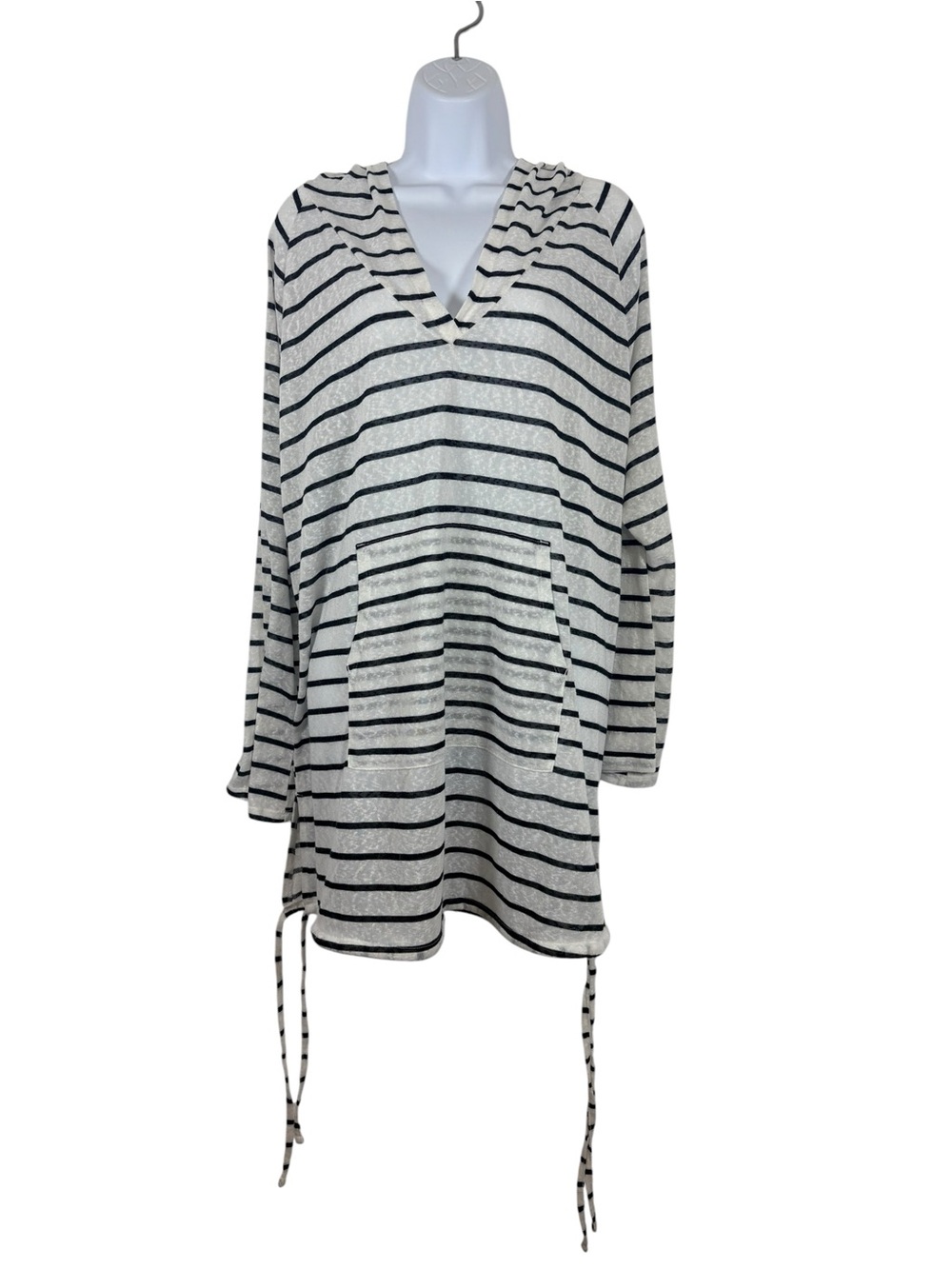 Kona Sol XL Striped Hooded Swim Cover Up Tunic Beach Hoodie Pocket White Navy
